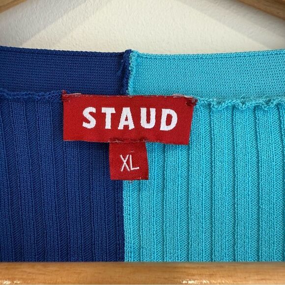 Staud The Cargo Blue and Turquoise Colour Block Ribbed Cardigan Sweater - Picture 5 of 7